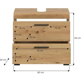 xonox.home Waschbeckenunterschrank 2 Schubladen 60 x 56 x 34 cm Braun/Schwarz