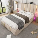 Flieks Hydraulisches Polsterbett 90x200cm mit USB & Typ C, Boxspringbett Stauraumbett mit LED, Einzelbett Jugendbett mit Lattenrost, Leinen, Beige - Beige