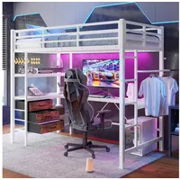 Odikalo Hochbett Metallbett Kinderbett Schreibtisch USB Schubladen 90x200 Weiß/Schwarz