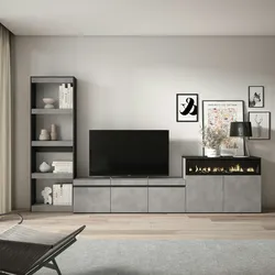 SKRAUT HOME Wohnzimmer-Möbel TV, Wohnzimmer-Wandsystem, 310x186x35cm, Für TV-Geräte bis 65“, Elektrokamin, Moderner Stil, Zementgrau - 102_194