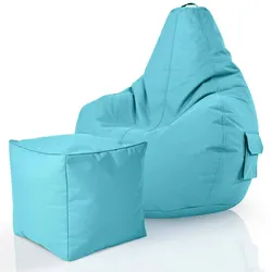 Green Bean© 2er Set Sitzsack + Hocker "Cozy+Cube" - fertig befüllt - Bean Bag Bodenkissen Lounge Sitzhocker Gamingstuhl Pouf - Aquamarin