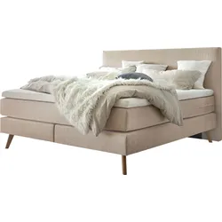 Boxspringbett HASENA "Costa", beige (beige, eiche bianco), B:188cm L:210cm, Komplettbetten, Boxspringbett, Massivholz-Füße in Eiche und Tonnentaschen-Federkernmatratze