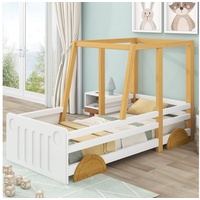 Ulife Kinderbett Autobett Jeep-Bett Holzbett Einzelbett mit MDF-Rädern, Rahmen aus Kiefer, weiß + natur (90x200cm) weiß