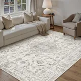 PureCozy Grau Teppich Wohnzimmer 160x230cm Waschbarer Vintage Tepiche for Living Room rutschfest kurzflor Weich Retro Boho Carpet für Küchen Schlafzimmer Büro Esszimmer Bedroom