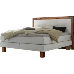 Boxspringbett HASENA "Memphis", weiß (weiß, akazie braun), B:198cm L:206cm, Komplettbetten, Boxspringbett, im Vintagelook, Massivholz-Umrandung, Tonnentaschen-Federkernmatratze