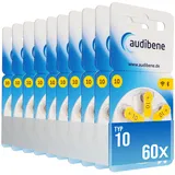 audibene Hörgerätebatterien Typ 10 gelb, Batterien für Hörgeräte 60 Stück Vorratspack, Made in Germany, Wireless Approved, quecksilberfrei