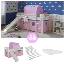 Homestyle4u Hochbett 90 x 200 cm Kiefer massiv weiß rosa