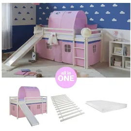 Homestyle4u Hochbett 90 x 200 cm Kiefer massiv weiß rosa