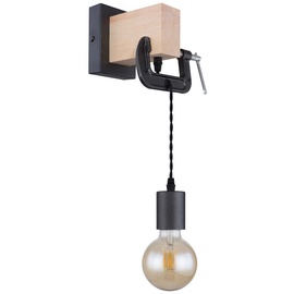 ETC Shop Wandleuchte hängend Wandlampe aus Holz mit Schraubzwinge schwarz, 1x E27, Textilkabel schwarz, 14x28x15cm, Flur Schlafzimmer Treppenhaus Wohnzimmer