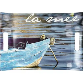 Lashuma rechteckiges Dekotablett 38x27 cm, Melamintablett mit Griffen blau Motiv: Meer