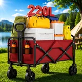 Zstar Bollerwagen Faltbar 220L, 73 x 46,5 x 89,5 cm, Handwagen mit 180 kg Tragkraft, 360° Geländerädern, Verstellbarem Griff, 600D Oxford-Gewebe, für Camping, Garten, Strand und Einkäufe, Rot