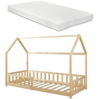 [en.casa] Kinderbett, Hesel mit Matratze Rausfallschutz Lattenrost 90 x 200 cm Holzoptik