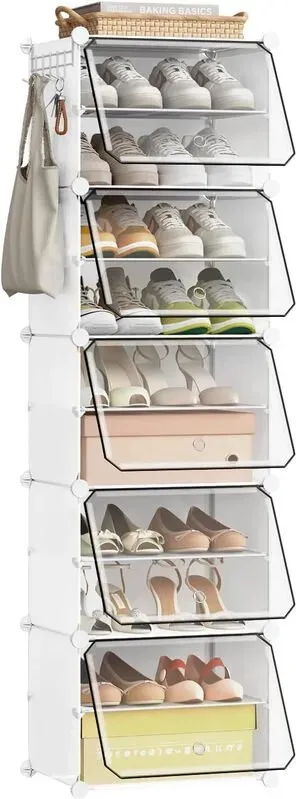 eSituro Stapelbares Schuhregal, Modulares DIY Aufbewahrungsregal mit 12 Fächern, mit Türen und Haken, für 12 Paar Schuhe, PP-Platten, mit Hammer, Schwarz