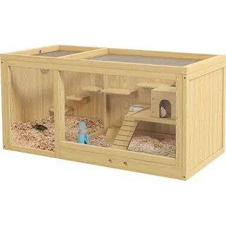 PawHut Hamsterkäfig aus Holz Kleintierkäfig Spielhaus für Gerbils mit Schaukeln, Leitern zu öffnendes Dach,