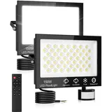 LED Strahler mit Bewegungsmelder Außen 150W 2 Stück,15000LM Scheinwerfer mit Fernbedienung,6500K Kaltweiß Außenstrahler,IP66 Wasserdicht LED Fluter Flutlicht,Außenlampe für Garten Garage Sportplatz