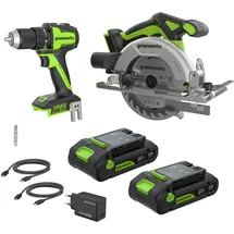 Greenworks Akku-Bohrschrauber und Akku-Kreissäge-Set CK322A1 Schwarz-Grün 24 V
