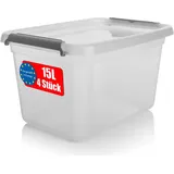 BigDean 4 Stück 15 L Aufbewahrungsbox mit Deckel transparent BPA- frei & lebensmittelecht – stapelbare robuste Aufbewahrungsbox