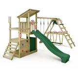 FATMOOSE Spielturm Klettergerüst FruityForest mit SurfSwing & Rutsche, Kletterturm mit Sandkasten, Leiter & Spiel-Zubehör – grün - FATMOOSE