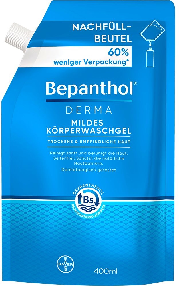 Bepanthol® Derma Mildes Körperwaschgel, 400 ml Pumpspender, mildes Duschgel für empfindliche und trockene Haut, dermatologisch getesteter Feuchtigkeitsspender mit Dexpanthenol