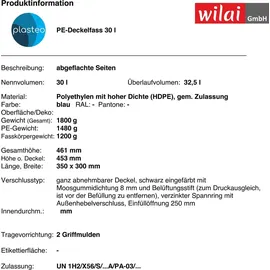 plasteo plasteo® 30 Liter Deckelfass mit Spannverschluss Lebensmitteltauglich Futtertonne Luftdicht Verschließbar Stapelbar und Palettengerecht Stabile Griffmulden Blau