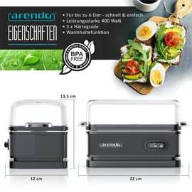 Arendo Eierkocher 6-fach, 400 W, Edelstahl, Warmhaltefunktion, Härtegrad einstellbar, für 6 Eier, Schwarz
