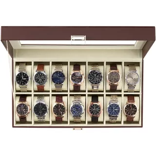 ProCase Uhrenbox, Uhrenkasten mit Glasdeckel, Uhrenkoffer mit Uhrenkissen, Uhrenaufbewahrung Premium-Uhrenschatulle, PU-Leder Uhrenkasten Watch Box für Herren - 14 Fächer, Braun & Beige