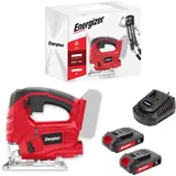 Energizer – Akku-Stichsäge 20 Volt – 2300 OPM, Schnitt in Holz 80 mm/Metall 6 mm – Inklusive 2 Akkus 20V 2AH + Ladegerät – Schneller werkzeugloser Sägeblattwechsel, Staubabsaugung – Zubehör inklusiv