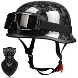 Labzaa Deutsche Kohlefaser Motorrad Halbschalenhelm DOT/ECE-Zulassung Retro JetHelm mit Sonnenbrille für Cruiser Chopper Biker Moped Schnellverschlussschnallen C L