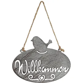 Ambiente Haus Gartenstecker Willkommen Schild mit Vogel 24 x 34 cm Grau