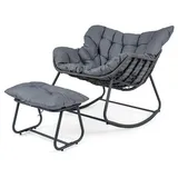 KOMFOTTEU Schaukelstuhl mit Hocker, übergroßer Gartensessel gepolstert mit abnehmbaren Sitzkissen, Relaxsessel aus Rattan mit Metallrahmen bis 15... - Grau