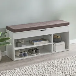 Kadima Design Garderobenbank mit Stauraum: Sitzkomfort, Funktionalität, Braun Stoffbezug, Viel Stauraum, Melaminharzbeschichtung. Weiß, 104x32x51 cm