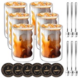 Mkitnvy 6er Set Latte Macchiato GläSer,350ML Doppelwandige GläSer mit 6 Löffeln und 6 Untersetzern, ThermogläSer Doppelwandig aus Borosilikatglas für Cappuccino,Latte,Tee,EIS,Eistee,Iced Americano