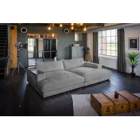 KAWOLA Big Sofa MADELINE Cord grau mit Hocker / 4 Zierkissen / Armlehntablett schwarz
