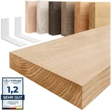 LAMO Manufaktur Wandregal Holz Gerade Regal Farbe: Natur mit weißem Basic Regalträger 120 cm, Komplett-Set, 40mm stake Massivholzplatte 120 cm x 4 cm x 20 cm