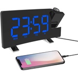 ThreeH Projektionsuhr UKW-Radiowecker mit USB-Ladegerät 5,5'' großes LED-Display 2 Töne für Heavy Sleeper 2 Alarmeinstellung 4 Stufen einstellbare Helligkeit Blau