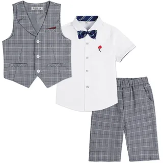 LOLANTA 4-teiliger Kinder Freizeit Anzug Set, Jungen Sommer Festlich Hochzeitsanzug, Kurzarm Hemd, Fliege, Weste, Kurze Hose, Grau kariert, 2-3 Jahre, 100 - 2-3 Jahre