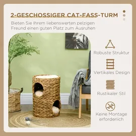 PawHut Kratztonne, 47 cm hoch Katzentonne mit 2 Ebenen, Katzenturm aus Wasserhyazinthe, für Katze bis 3,5 kg, Hellbraun