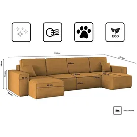 kaiser möbel Ecksofa mit schlaffunktion und bettkasten, Sofa U-form, Couch U-form BEST Cord Senffarbe