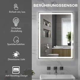 Homcom Badspiegel Dimmbar Badezimmerspiegel, Lichtspiegel Beschlagfrei mit 3 Lichtfarben Silber