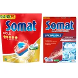 SOMAT Tabs 82 AW Gold, Geschirrspül Tabs für strahlend sauberes Geschirr auch bei niedrigen Temperaturen, Extra-Kraft gegen Eingetrocknetes + Somat Duo Power Experten Spezial-Salz 1,2kg