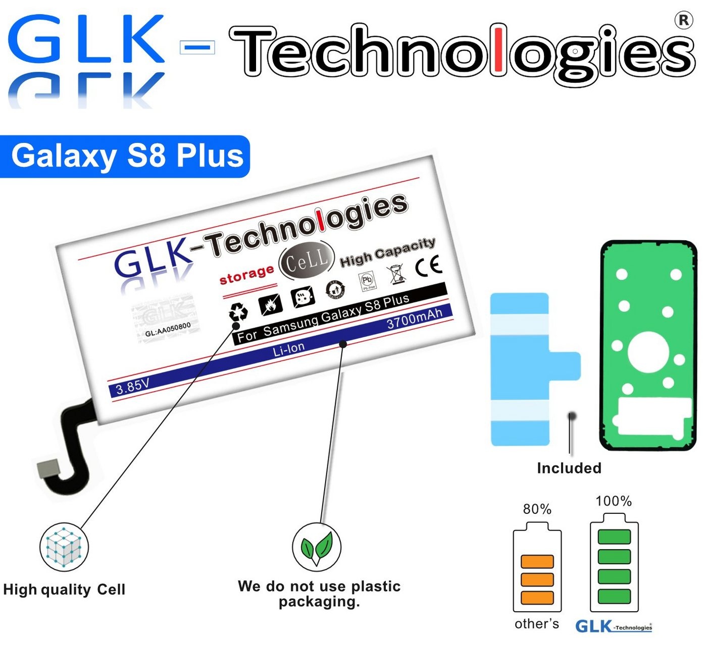 GLK-Technologies High Power Ersatzakku kompatibel mit Samsung Galaxy S8 + Plus SM-G955F EB-BG955ABE Ohne Set Smartphone-Akku 3700 mAh (3.85 V)