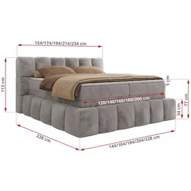 MKS Meble MKS Boxspringbett 180 x 200 mit bettkasten NIRA KING, Polsterbett 7 Zonen Multipocket-Matratze und Topper, Doppelbett - Hellgrau Plüsch - H4 - Hellgrau