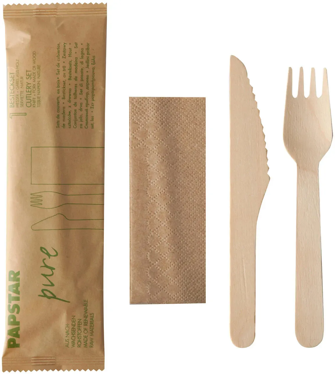 Holzbesteck Set Messer Gabel Serviette natur einzeln verpackt in Papierbeutel, 1 Stk.
