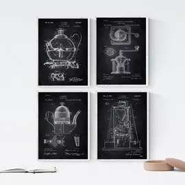 Nacnic 4 Bilder mit Kaffee Patenten | Posterset mit Erfindungen und alten Werkzeugen | Bilder von Kaffeemaschine, Kaffeekanne, Kaffeemühle | Größe A4.