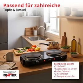 Grafner Doppelkochplatte 2000 Watt 2 Massekochfelder Ø 155 mm stufenlose Temperatureinstellung Schwarz/Weiß