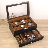 Guolich Uhrenbox, Uhrenkasten mit Glasdeckel, 2 Ebenen, 1 Schublade für Uhren, Ringe, Uhrenkoffer mit Schloss, Schmuckkästchen holz, Schwarze Uhrenbox aus Holz, Innenfutter in Braun