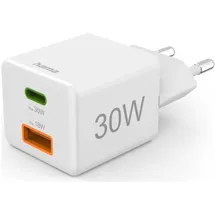 Hama Schnellladegerät, 1x USB-C, 1x USB-A, Mini-Ladegerät, PD, 30 W, Weiß (00139549)