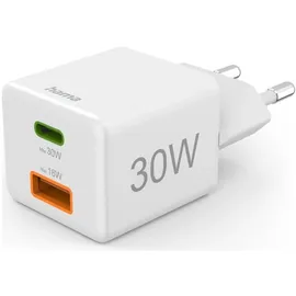 Hama Schnellladegerät, 1x USB-C, 1x USB-A, Mini-Ladegerät, PD, 30 W, Weiß (00139549)