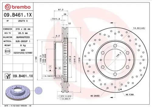 BREMBO Bremsscheibe vorne rechts links Gelocht/innenbel. 319mm für TOYOTA 4351204052 4351204051 4351204050 09.B461.1X