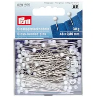 Prym 029255 Glaskopfnadeln, 0,80 x 48mm, weiß, 30g, Karte mit Dose